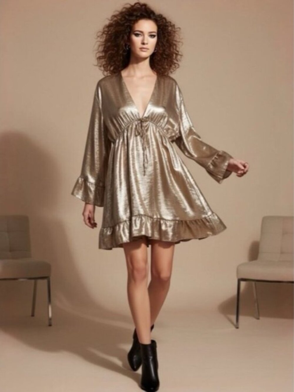 Chic Metallic Gold Dress with Flared Sleeves